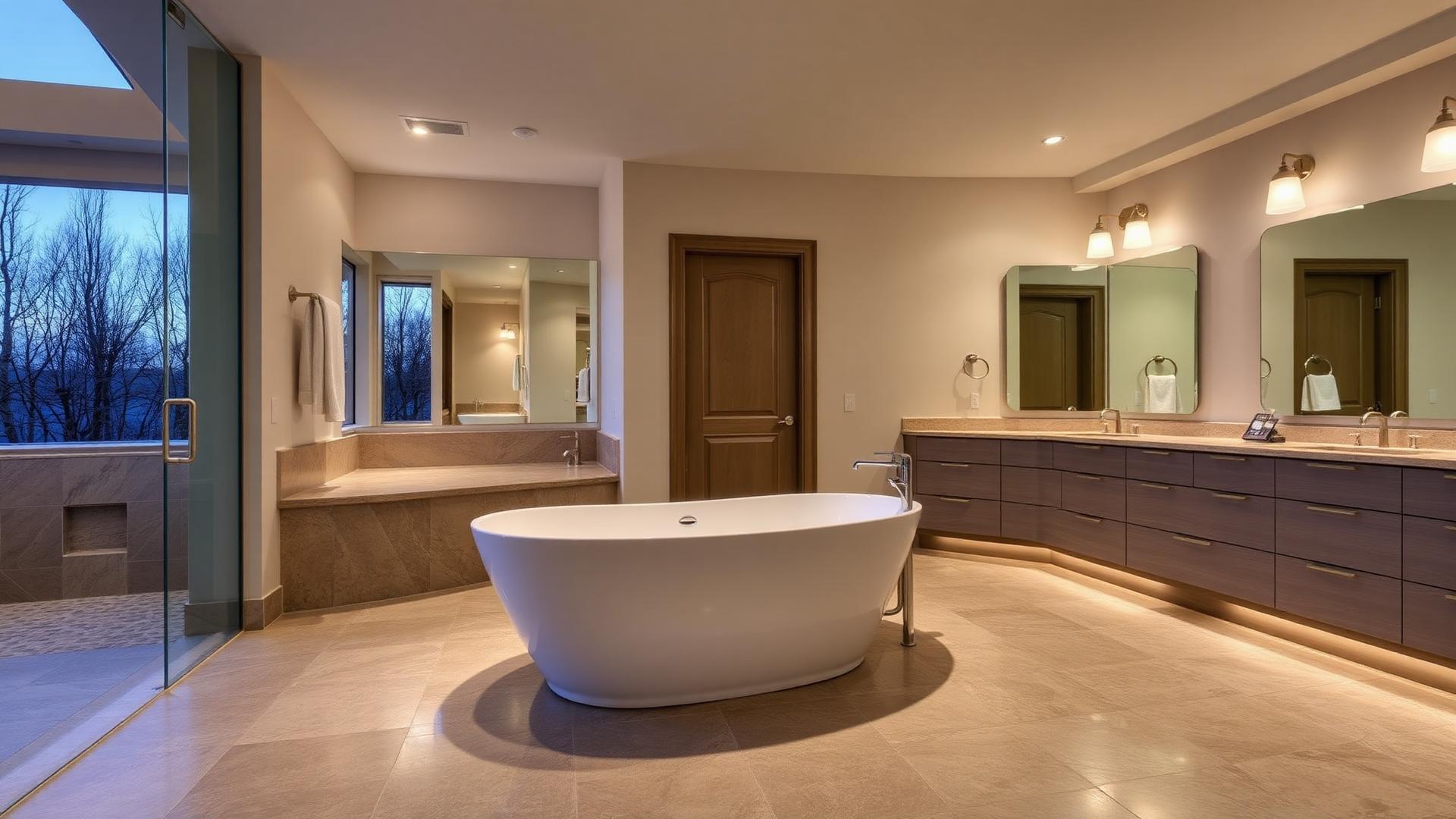 Renovated modern bathroom with stone tile and warm lighting