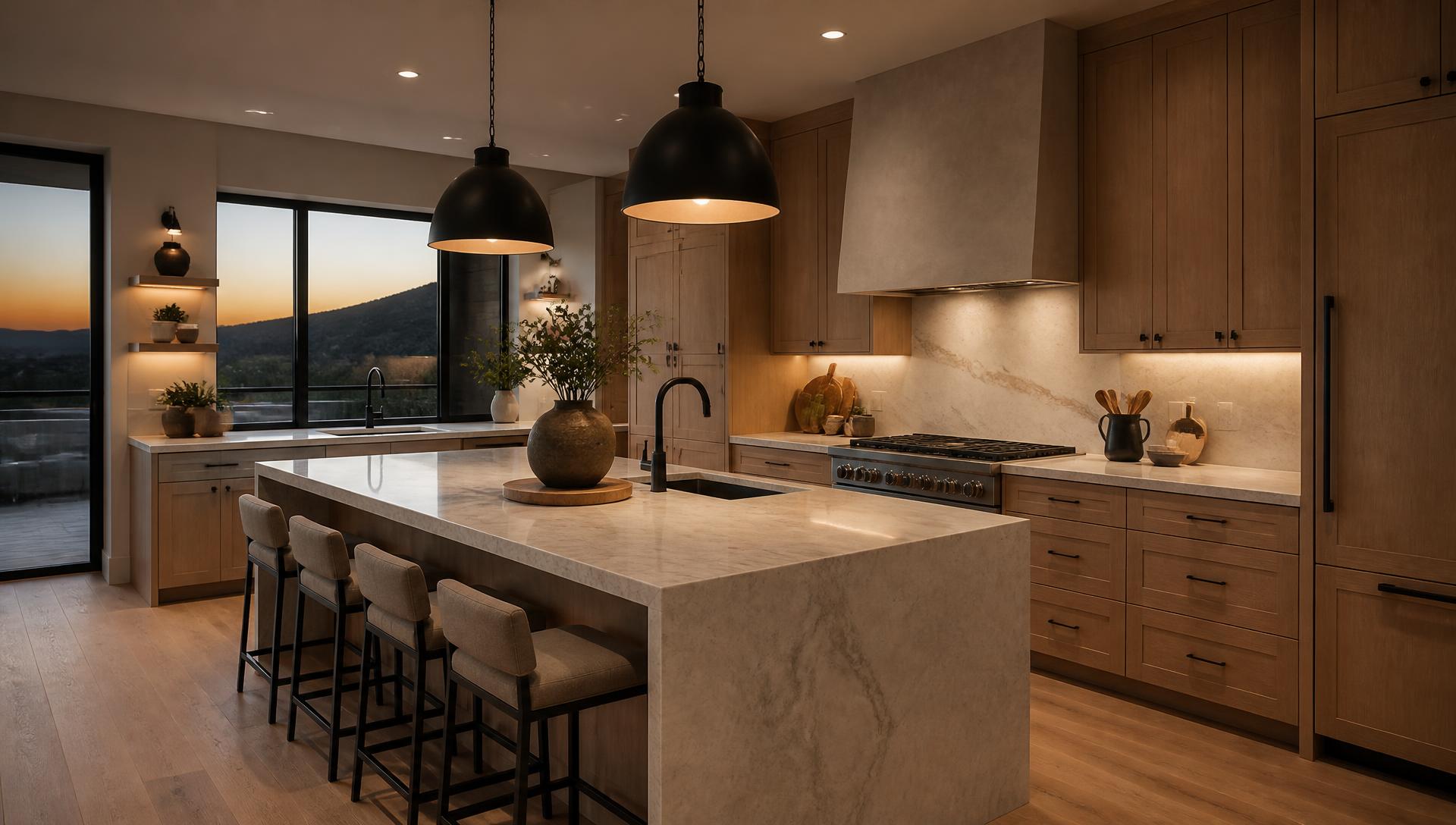 Modern luxury kitchen with white oak cabinetry, large stone island and warm lighting