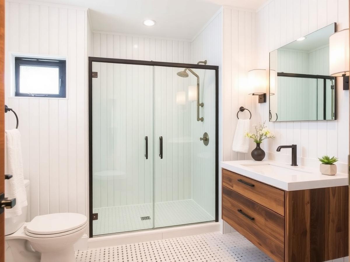 Renovated guest bathroom with black framed glass shower