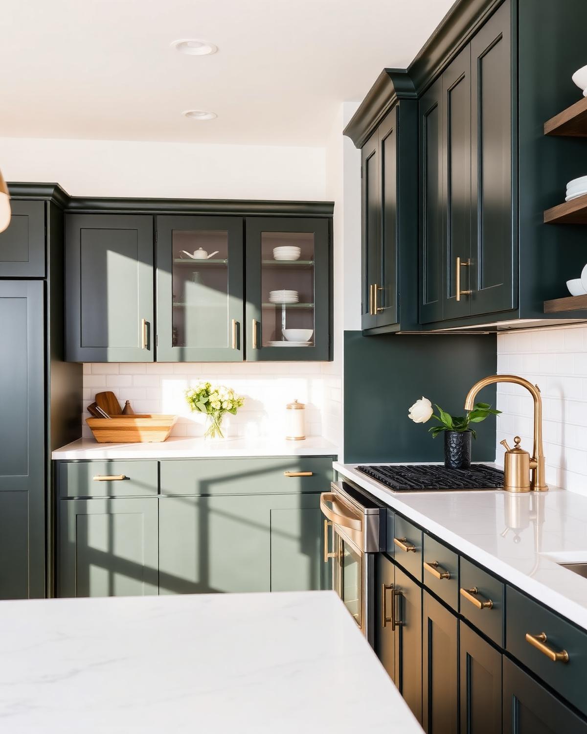 Remodeled kitchen with dark green cabinets and quartz countertops